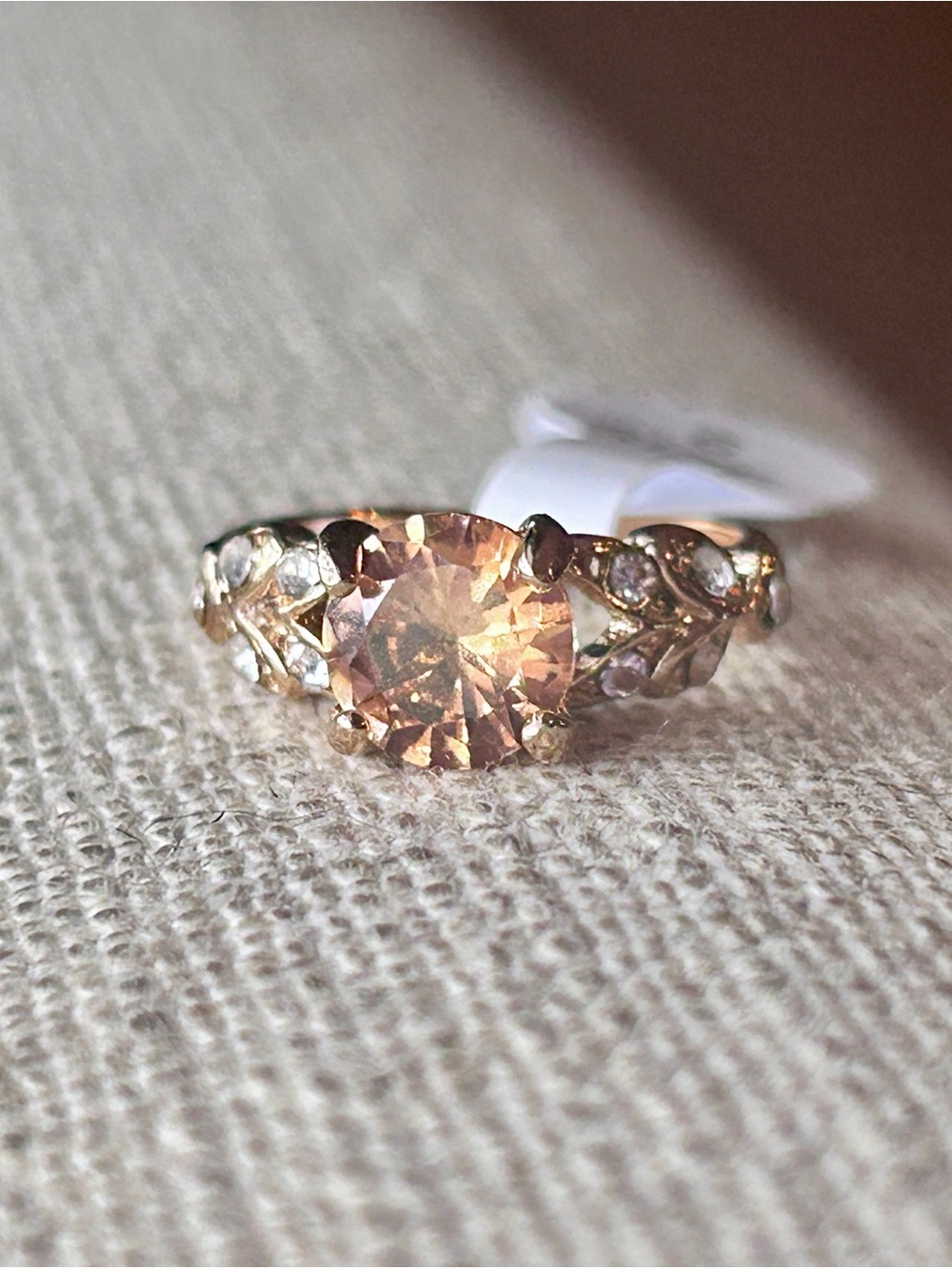 Gold Leaf-Accented Peach Solitaire Ring - size 6